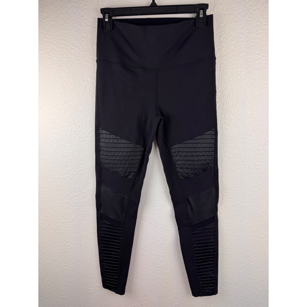 Alo Moto Leggings Women S Black Stretch Moto Ribbed Panels Athleisure Minimalist - Picture 1 of 12